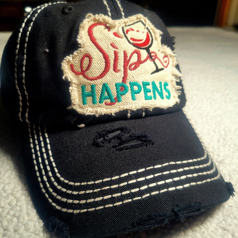 Black Distressed Cap w/ Embroidered Patch Design "Sip Happens" - Women's Size OS - Picture 2 of 7
